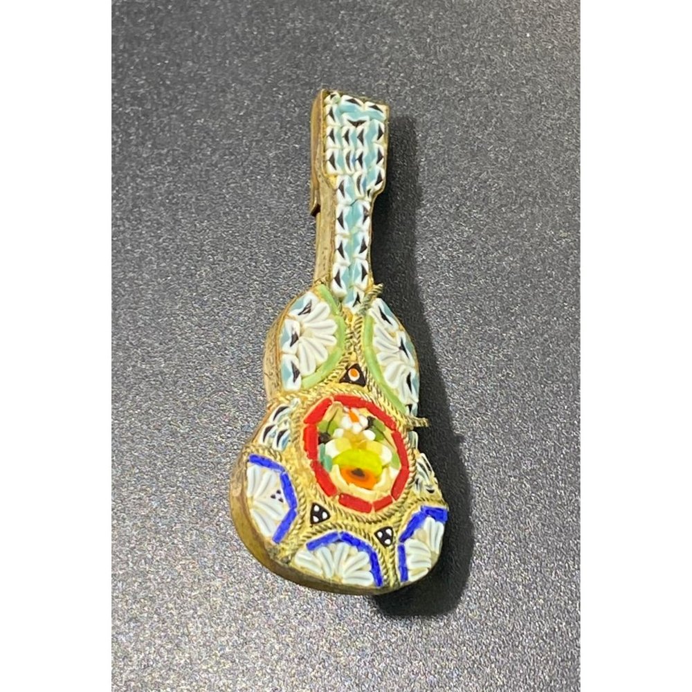 Vintage Micro Mosaic Guitar Brooch Pin Italy Gold Tone Instrument - Picture 4 of 7